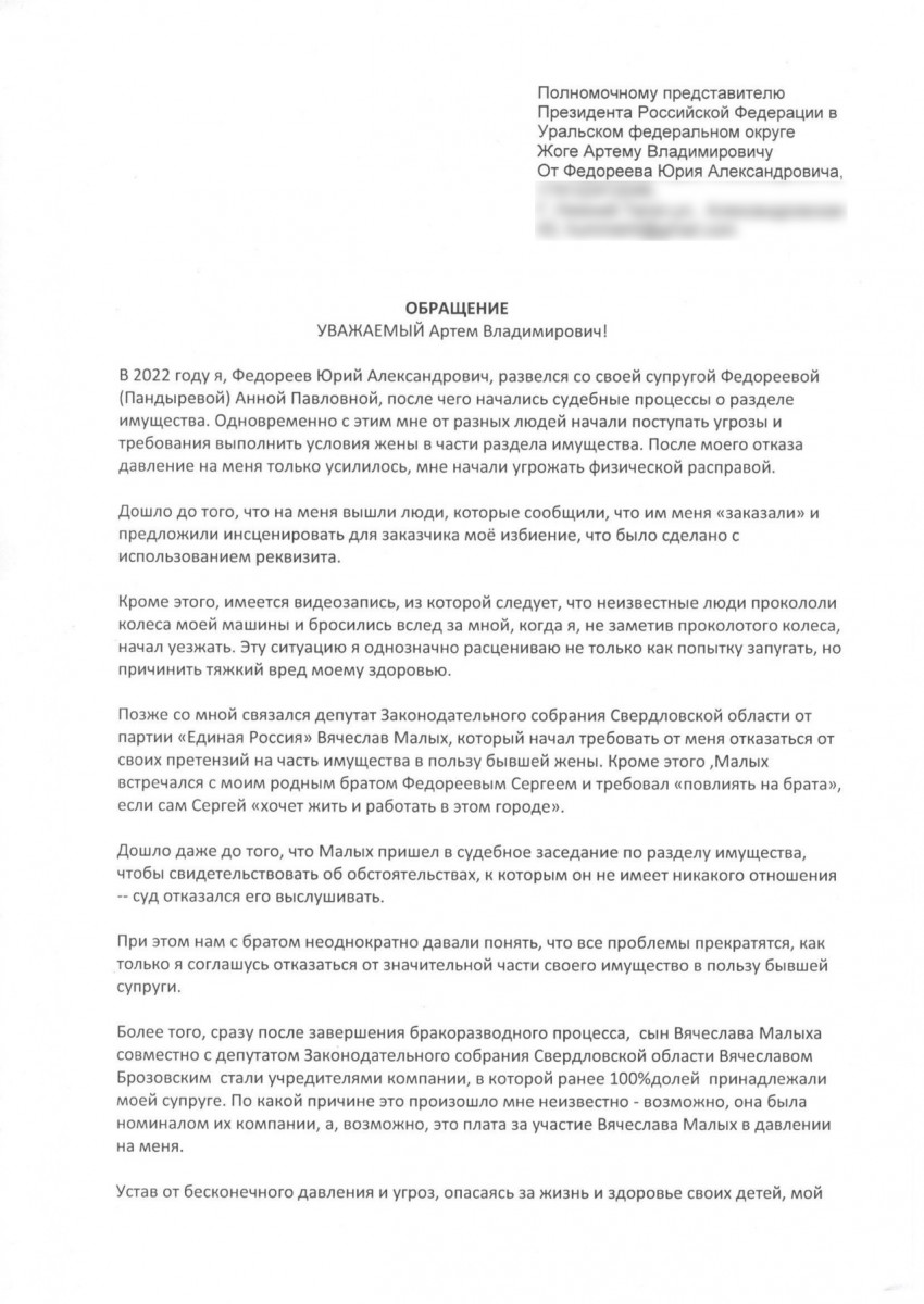 Брат директора Нижнетагильского центра «Мой бизнес» Сергея Федореева обратился к Бастрыкину, Жоге и Паслеру из-за угроз со стороны депутата областного парламента Малых