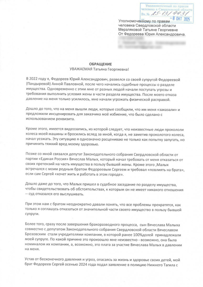 Брат директора Нижнетагильского центра «Мой бизнес» Сергея Федореева обратился к Бастрыкину, Жоге и Паслеру из-за угроз со стороны депутата областного парламента Малых