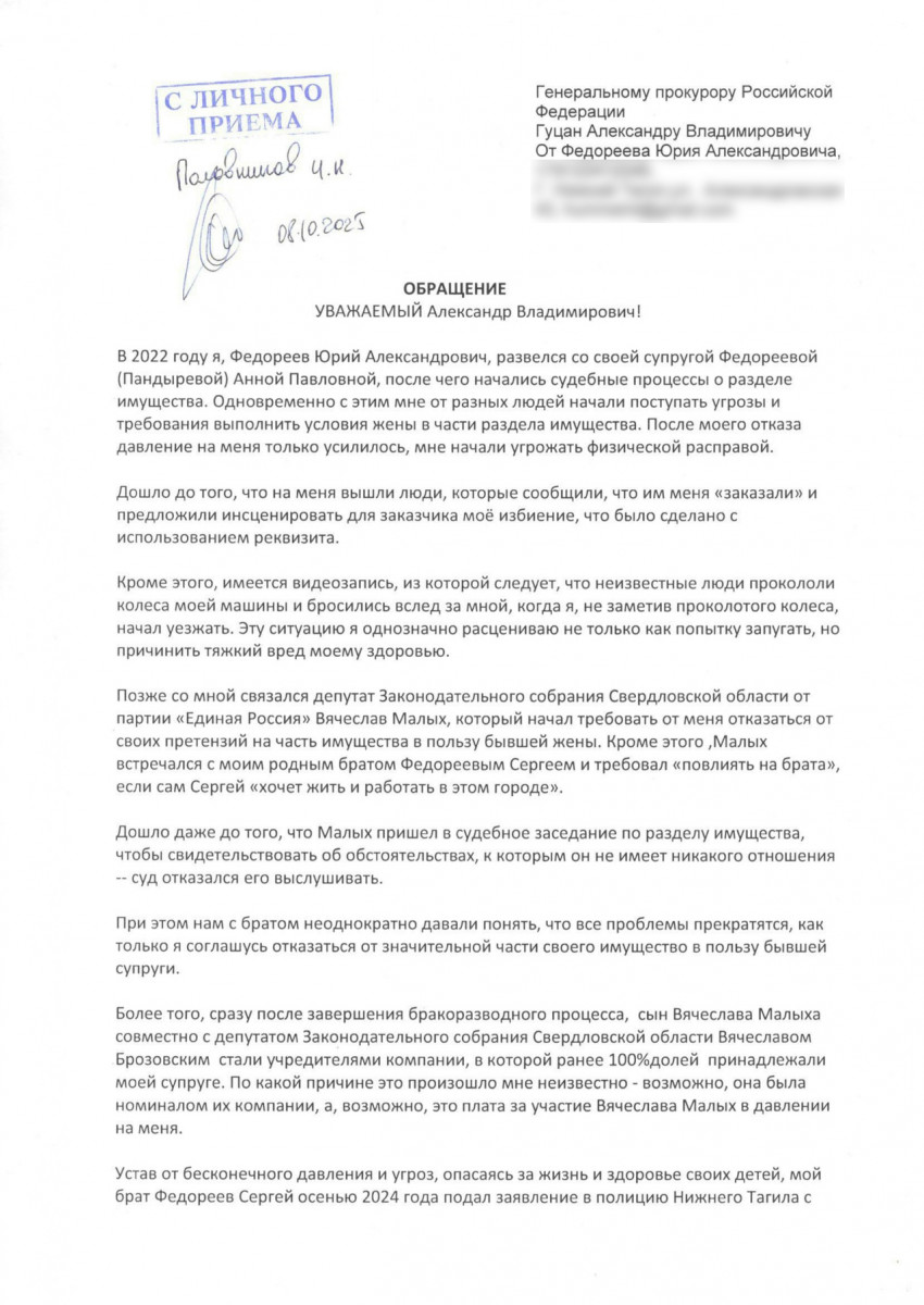 Брат директора Нижнетагильского центра «Мой бизнес» Сергея Федореева обратился к Бастрыкину, Жоге и Паслеру из-за угроз со стороны депутата областного парламента Малых